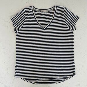 Monk & Lou SS V Neck Striped T Shirt Top Cotton Spandex Blue Wht Sz M/L